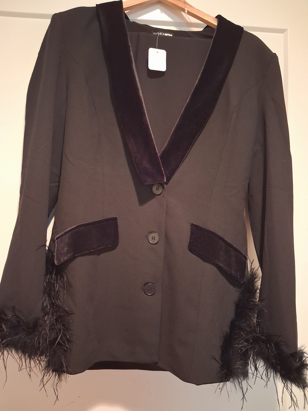 Black Velvet-Trim Feather Hem Women's Blazer And Pant Suit